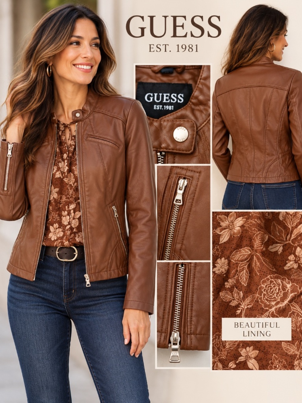 GUESS Brown Faux Leather Moto Jacket | Gold Zippers | Size S